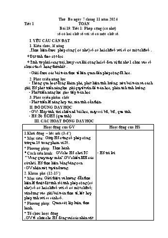 Kế hoạch bài dạy môn Toán 2 - Bài 19, Tiết 1: Phép cộng (Có nhớ) số có hai chữ số với số có một chữ số - Năm học 2023-2024