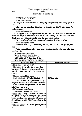 Kế hoạch bài dạy môn Toán 2 - Bài 59, Tiết 2: Luyện tập - Năm học 2023-2024