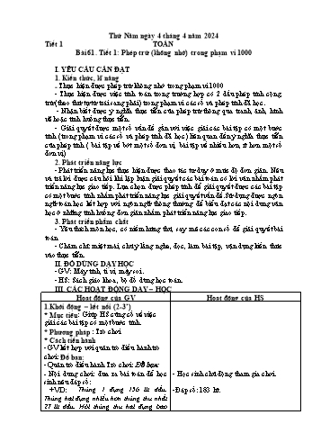 Kế hoạch bài dạy môn Toán 2 - Bài 61, Tiết 1: Phép trừ (Không nhớ) trong phạm vi 1000 - Năm học 2023-2024