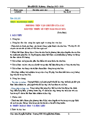 Kế hoạch bài dạy Ngữ văn 7 - Phương tiện vận chuyển của các dân tộc thiểu số Việt Nam ngày xưa - Năm học 2023-2024 - Nguyễn Thị Huệ