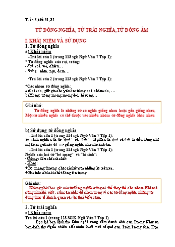 Kế hoạch bài dạy Ngữ văn 7 - Tuần 8, Tiết 31+32: Từ đồng nghĩa, từ trái nghĩa, từ đồng âm