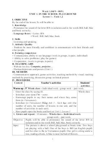 Kế hoạch bài dạy Tiếng Anh 1 - Tuần 1, Unit 1: In the school playground