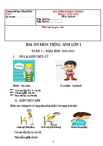 Kế hoạch bài dạy Tiếng Anh 1 - Tuần 2 - Năm học 2021-2022 - Trường Tiểu học Nhơn Phú C