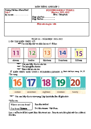 Kế hoạch bài dạy Tiếng Anh 2 - Tuần 11 - Năm học 2021-2022 - Trường Tiểu học Nhơn Phú C