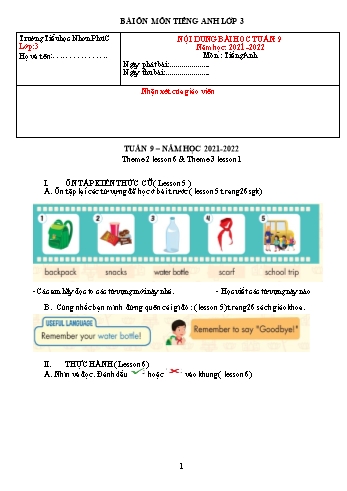Kế hoạch bài dạy Tiếng Anh 3 - Tuần 9 - Năm học 2021-2022 - Trường Tiểu học Nhơn Phú C