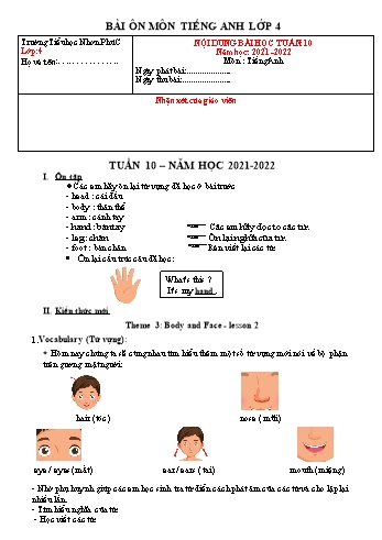 Kế hoạch bài dạy Tiếng Anh 4 - Tuần 10 - Năm học 2021-2022 - Trường Tiểu học Nhơn Phú C