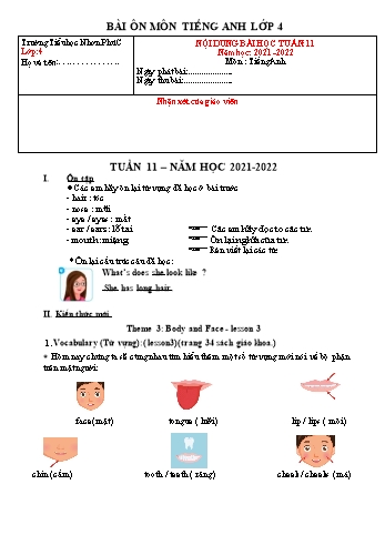 Kế hoạch bài dạy Tiếng Anh 4 - Tuần 11 - Năm học 2021-2022 - Trường Tiểu học Nhơn Phú C