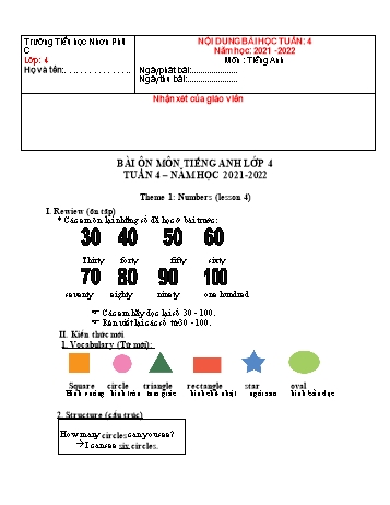 Kế hoạch bài dạy Tiếng Anh 4 - Tuần 4 - Năm học 2021-2022 - Trường Tiểu học Nhơn Phú C