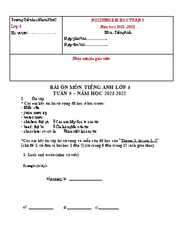 Kế hoạch bài dạy Tiếng Anh 4 - Tuần 5 - Năm học 2021-2022 - Trường Tiểu học Nhơn Phú C