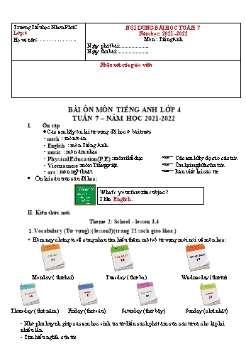 Kế hoạch bài dạy Tiếng Anh 4 - Tuần 7 - Năm học 2021-2022 - Trường Tiểu học Nhơn Phú C