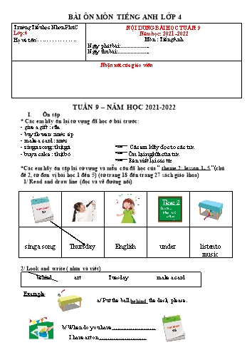 Kế hoạch bài dạy Tiếng Anh 4 - Tuần 9 - Năm học 2021-2022 - Trường Tiểu học Nhơn Phú C