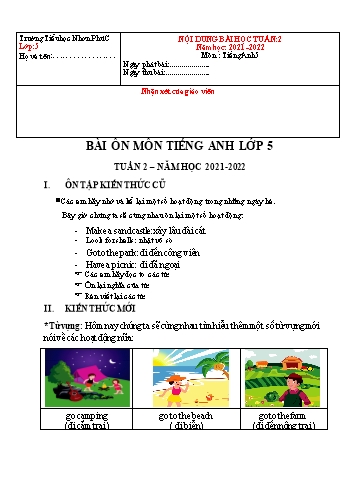 Kế hoạch bài dạy Tiếng Anh 5 - Tuần 2 - Năm học 2021-2022 - Trường Tiểu học Nhơn Phú C