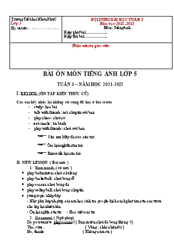 Kế hoạch bài dạy Tiếng Anh 5 - Tuần 3 - Năm học 2021-2022 - Trường Tiểu học Nhơn Phú C