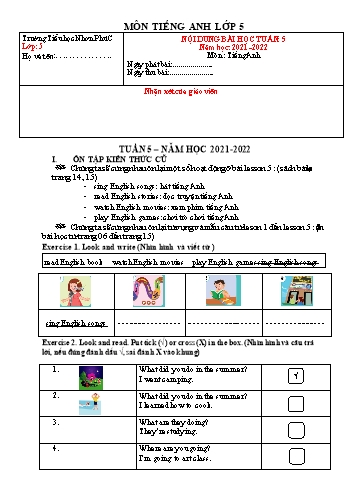 Kế hoạch bài dạy Tiếng Anh 5 - Tuần 5 - Năm học 2021-2022 - Trường Tiểu học Nhơn Phú C