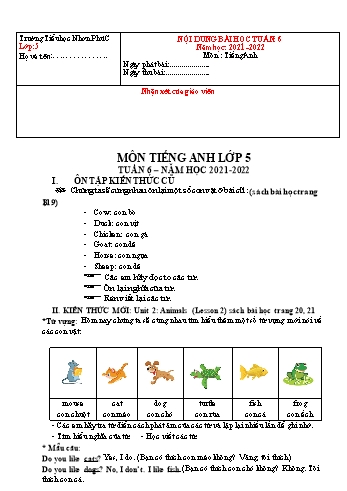 Kế hoạch bài dạy Tiếng Anh 5 - Tuần 6 - Năm học 2021-2022 - Trường Tiểu học Nhơn Phú C