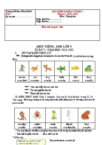 Kế hoạch bài dạy Tiếng Anh 5 - Tuần 7 - Năm học 2021-2022 - Trường Tiểu học Nhơn Phú C