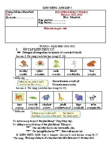 Kế hoạch bài dạy Tiếng Anh 5 - Tuần 8 - Năm học 2021-2022 - Trường Tiểu học Nhơn Phú C