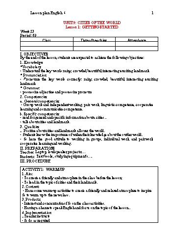 Kế hoạch bài dạy Tiếng Anh 6 - Unit 9: Cities of the world - Nguyễn Thị Thúy Nga