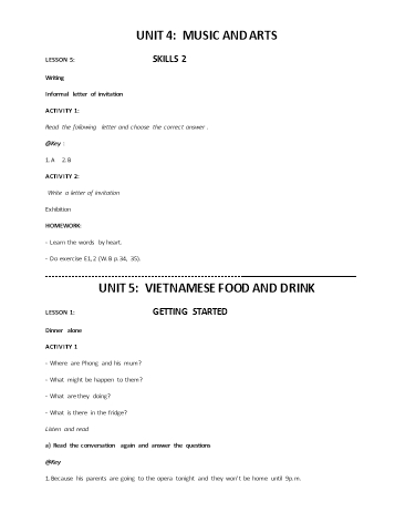 Kế hoạch bài dạy Tiếng Anh 7 (10 năm) - Tuần 10 - Unit 4: Music and arts + Unit 5: Vietnamese food and drink