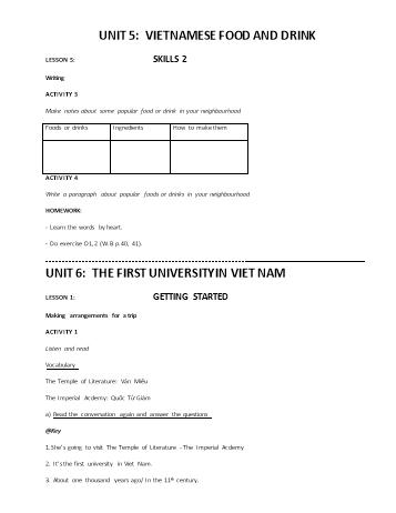 Kế hoạch bài dạy Tiếng Anh 7 (10 năm) - Tuần 12 - Unit 5: Vietnamese food and drink + Unit 6: The first university in Viet Nam