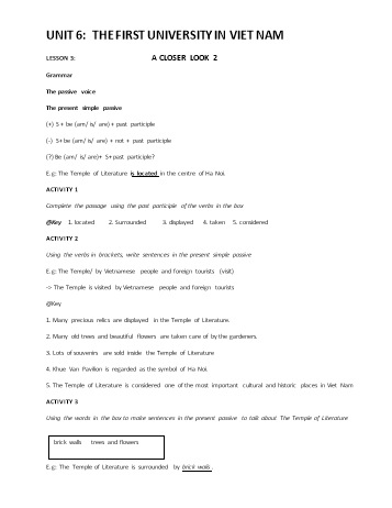 Kế hoạch bài dạy Tiếng Anh 7 (10 năm) - Tuần 13, Unit 6: The first university in Viet Nam