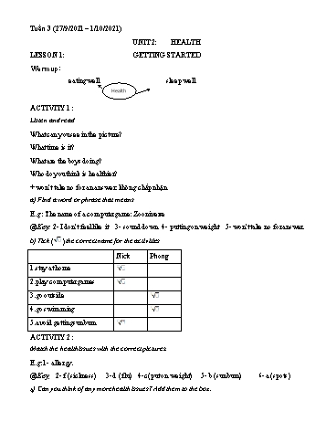 Kế hoạch bài dạy Tiếng Anh 7 (10 năm) - Tuần 3, Unit 2: Health