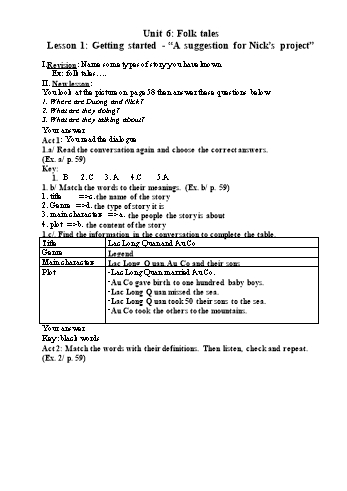 Kế hoạch bài dạy Tiếng Anh 8 (10 năm) - Tuần 13, Unit 6: Folk tales