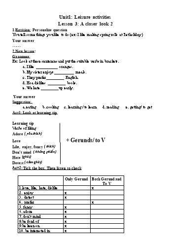 Kế hoạch bài dạy Tiếng Anh 8 (10 năm) - Tuần 2, Unit 1: Leisure activities