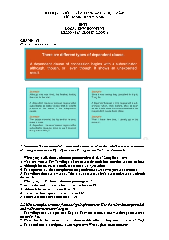 Kế hoạch bài dạy Tiếng Anh 9 (10 năm) - Tuần 2, Unit 1: Local environment - Năm học 2021-2022