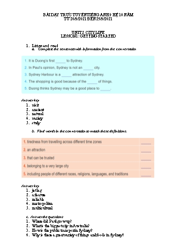 Kế hoạch bài dạy Tiếng Anh 9 (10 năm) - Tuần 3, Unit 2: City life - Năm học 2021-2022