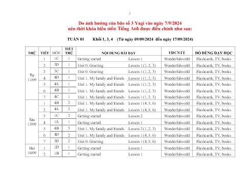 Kế hoạch bài dạy Tiếng Anh Lớp 1+3+4 Sách Wonderful World - Tuần 1 đến 3 - Năm học 2024-2025