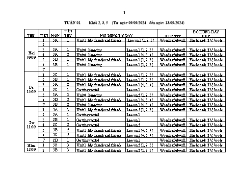 Kế hoạch bài dạy Tiếng Anh Lớp 2+3+5 Sách Wonderful World - Tuần 1 - Năm học 2024-2025