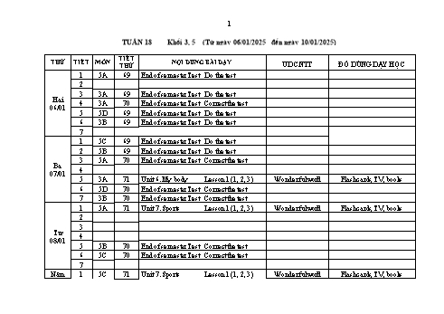 Kế hoạch bài dạy Tiếng Anh Lớp 3+5 Sách Wonderful World - Tuần 18 - Năm học 2024-2025