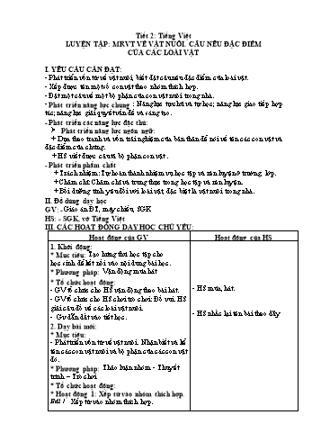 Kế hoạch bài dạy Tiếng Việt 2 - Luyện tập: Mở rộng vốn từ về vật nuôi. Câu nêu đặc điểm của các loài vật