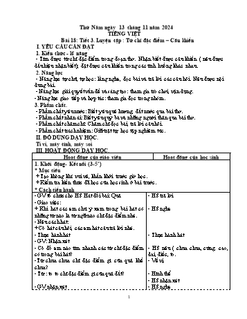 Kế hoạch bài dạy Tiếng Việt 3 - Bài 18: Luyện tập Từ chỉ đặc điểm. Câu khiến - Năm học 2024-2025