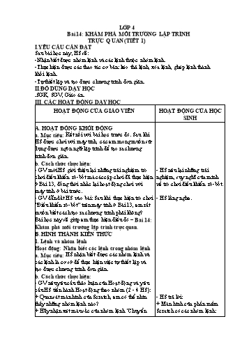 Kế hoạch bài dạy Tin học 4 - Bài 14: Khám phá môi trường lập trình trực quan (Tiết 1)