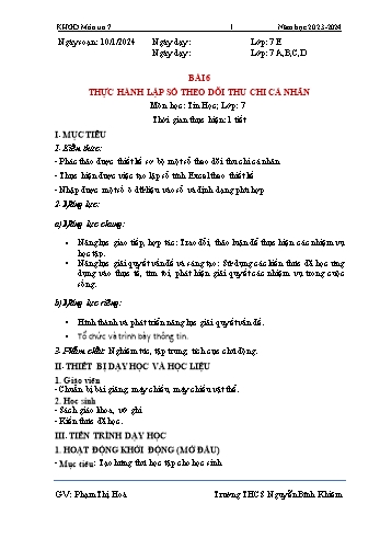 Kế hoạch bài dạy Tin học 7 - Bài 6: Thực hành lập số theo dõi thu chi cá nhân - Năm học 2023-2024 - Phạm Thị Hòa