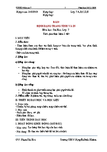 Kế hoạch bài dạy Tin học 7 - Bài 9: Định dạng trang tính và in - Năm học 2023-2024 - Phạm Thị Hòa