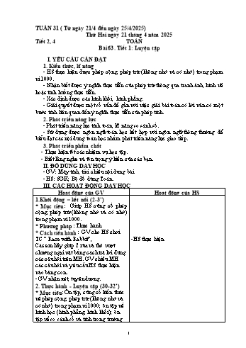 Kế hoạch bài dạy Toán 2 - Tuần 31 - Năm học 2024-2025