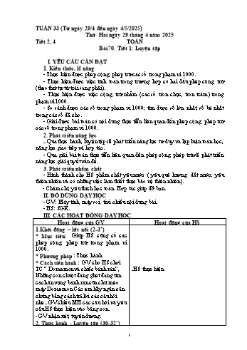 Kế hoạch bài dạy Toán 2 - Tuần 33 - Năm học 2024-2025