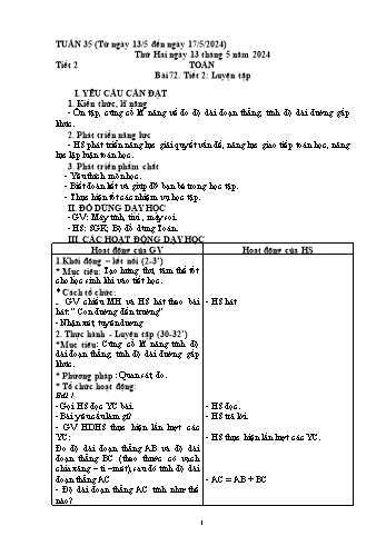 Kế hoạch bài dạy Toán 2 - Tuần 35 - Năm học 2023-2024
