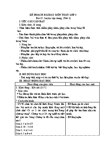 Kế hoạch bài dạy Toán 3 - Bài 15: Luyện tập chung (Tiết 1)