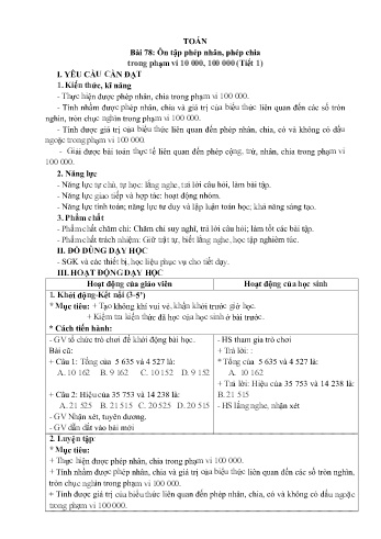 Kế hoạch bài dạy Toán 3 - Bài 78: Ôn tập phép nhân, phép chia trong phạm vi 10000, 100000 (Tiết 1)