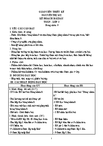 Kế hoạch bài dạy Toán 3 - Bài: Bảng nhân 9 - Nguyễn Thị Mỵ