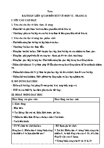 Kế hoạch bài dạy Toán 4 - Bài: Bài toán liên quan đến rút về đơn vị