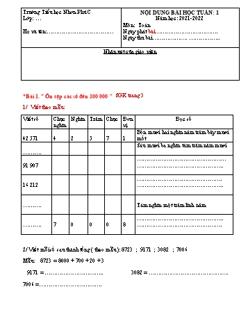 Kế hoạch bài dạy Toán 4 - Tuần 1 - Năm học 2021-2022 - Trường Tiểu học Nhơn Phú C