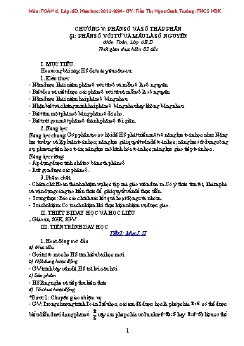 Kế hoạch bài dạy Toán 6 - Chương V: Phân số và số thập phân - Bài 1: Phân số với tử và mẫu là số nguyên - Năm học 2023-2024 - Trần Thị Ngọc Oanh