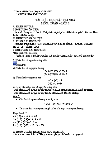 Kế hoạch bài dạy Toán 6 - Tiết 36+37: Phép nhân và phép chia hết hai số nguyên - Trường THCS Chu Văn An
