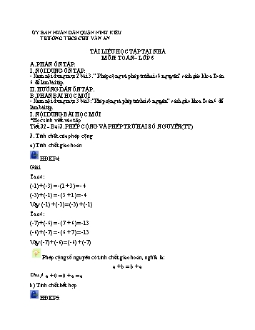 Kế hoạch bài dạy Toán 6 - Tuần 12, Tiết 32+33: Phép cộng và phép trừ hai số nguyên (Tiếp theo) - Trường THCS Chu Văn An