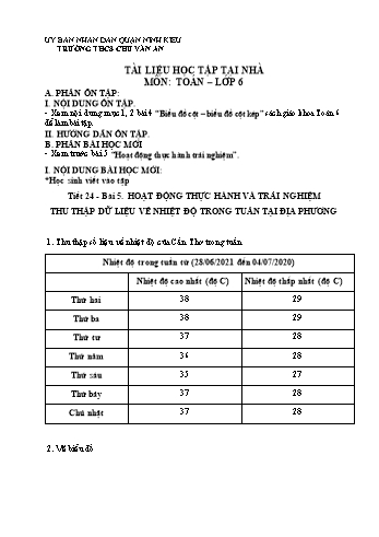Kế hoạch bài dạy Toán 6 - Tuần 16, Tiết 24: Hoạt động thực hành và trải nghiệm thu thập dữ liệu về nhiệt độ trong tuần tại địa phương + Tiết 25: Bài tập cuối chương IV - Trường THCS Chu Văn An